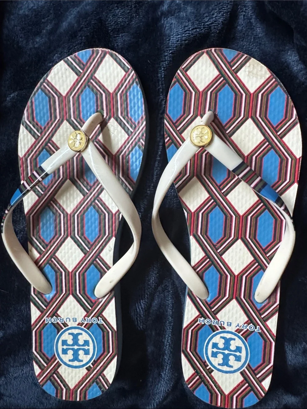 Tory Burch Blue, Cream and Red Geometric Logo Flip Flops